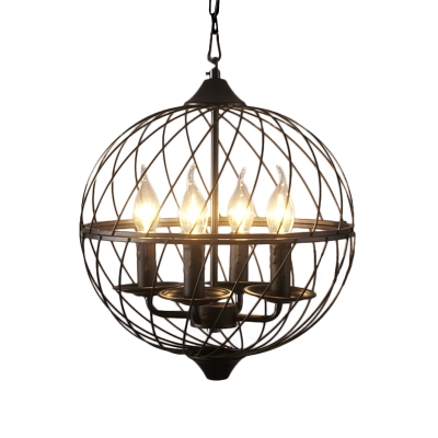 4 Lights Wire Frame Chandelier with Candle Traditional Metal Hanging Light in Black for Shop
