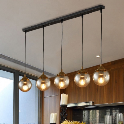 5/6 Lights Orb Pendant Light with Linear/Round Canopy Modern Glass Island Lamp in Black for Cafe