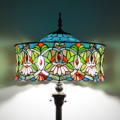 Tiffany Traditional Round Floor Lamp with Lotus 2 Lights Stained Glass Standing Light for Villa
