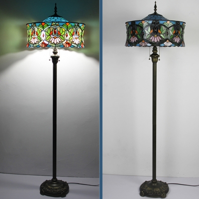Tiffany Traditional Round Floor Lamp with Lotus 2 Lights Stained Glass Standing Light for Villa