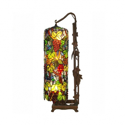 Grape & Leaf Floor Lamp with Cylinder Shade 2 Lights Rustic Style Stained Glass Floor Lamp for Bedroom
