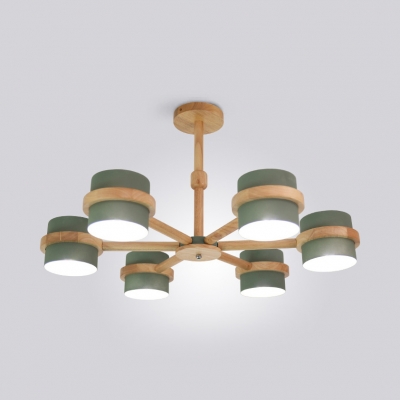 6 Lights Drum Chandelier Nordic Style Wood Suspension Light in Gray/Green/White for Dining Room