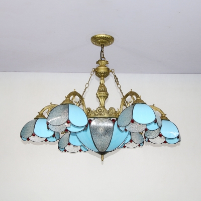 7 Lights Domed Pendant Lighting Elegant Style Glass Engraved Chandelier for Living Room