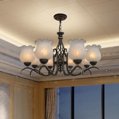 8 Lights Bloom Chandelier Antique Style Metal Engraved Ceiling Pendant in Black/Blue for Living Room