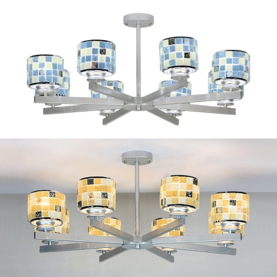 8 Lights Drum Chandelier Mosaic Shell Glass Hanging Lamp in Blue/Yellow for Dining Room Villa