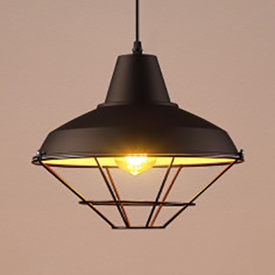 Aluminum Barn Shade Pendant Light with Cage 1 Light Industrial Hanging Light in Black for Workshop