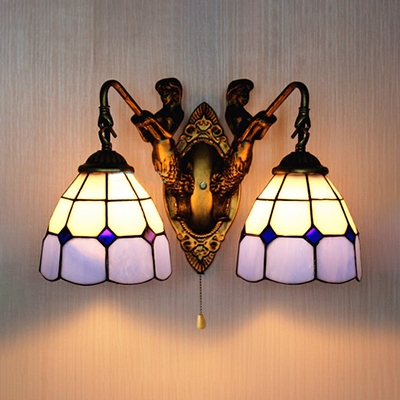 Antique Style Mermaid Wall Light with Pull Chain 2 Lights Glass Wall Sconce for Dining Room