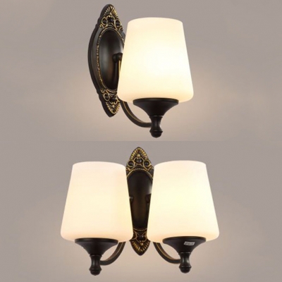 Antique Style Tapered Shade Wall Light Frosted Glass 1/2 Lights Black Sconce Light for Bedroom