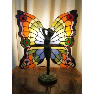 Antique Tiffany Angel Desk Light with Butterfly Wing Stained Glass Resin Table Lamp for Hotel