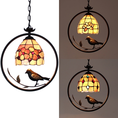 Beads/Flower/Magnolia Hanging Lamp Shell 1 Head Rustic Style Hanging Light with Bird Decoration