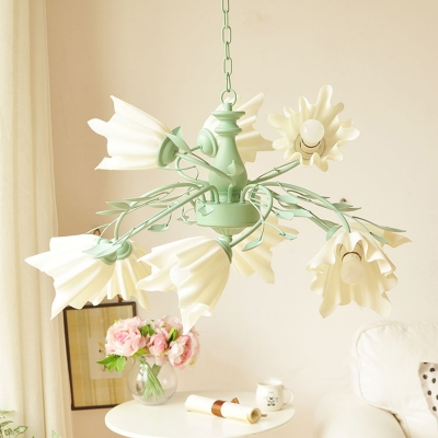 Beautiful Green Ceiling Light Flower Shade 9 Lights Frosted Glass Chandelier with Leaf for Restaurant