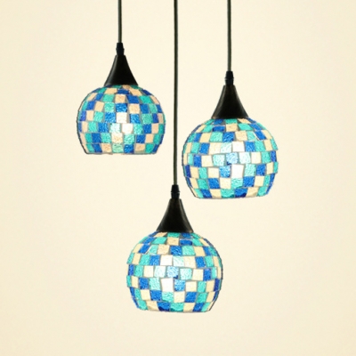 Bedroom Globe Pendant Light Stained Glass 3 Heads Mediterranean Style Blue Ceiling Pendant