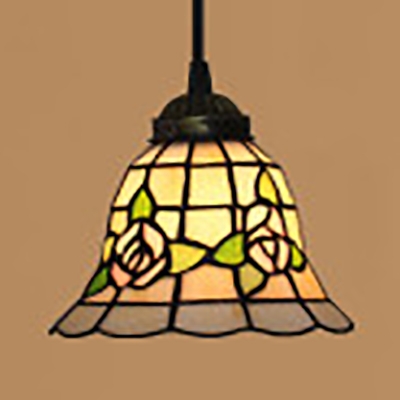Beige Bell Shade Pendant Light with Flower 1 Light Rustic Style Stained Glass Hanging Light for Shop