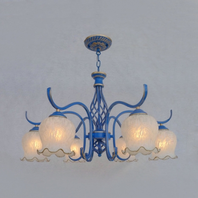 Black/Blue Suspension Light with Flower 3/5/6 Lights Antique Style Opal Glass Chandelier for Hotel