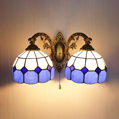 Blue Dome Wall Sconce with Pull Chain 2 Lights Tiffany Style Glass Wall Light for Bedroom