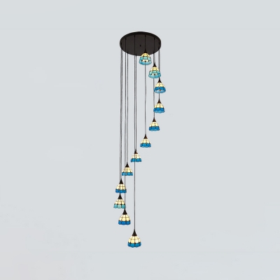 Blue Grid Bowl Pendant Light 6/12 Lights Nautical Style Glass Swirl Hanging Light for Villa