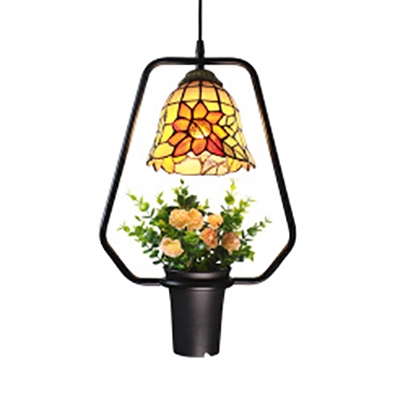 Bowl Shade Pendant Light with Flower Pot 1 Light Tiffany Rustic Stained Glass Ceiling Light for Balcony