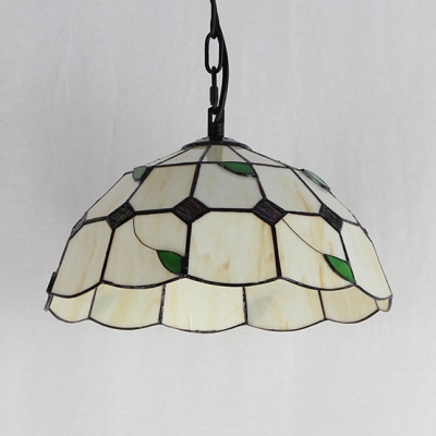 Bowl Shade Restaurant Hanging Light with Green Leaf Glass 1 Light Rustic Pendant Lamp in Beige