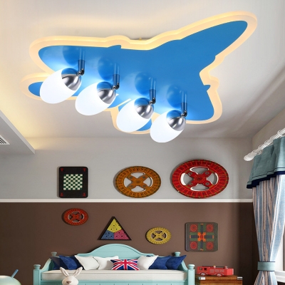 Boy Bedroom Cartoon Plane Semi Flush Light Metal 4 Heads Creative Blue Ceiling Lamp in Warm