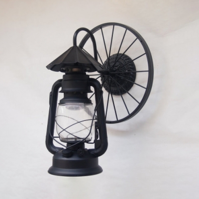 Cafe Kerosene Sconce Light with Wheel Glass 1 Light Vintage Wall Lamp in Antique Copper/Black/Heritage Brass