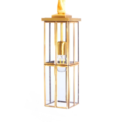 Colonial Style Rectangle Ceiling Light Glass Single Light Brass Hanging Light for Kitchen
