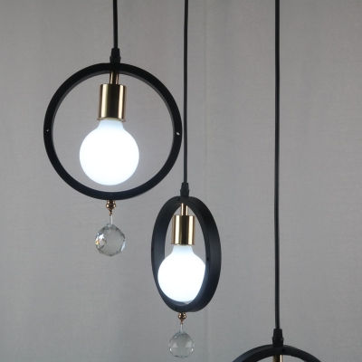 Creative Ring Suspension Light with Crystal 3 Lights Glass Hanging Light in Black for Bedroom
