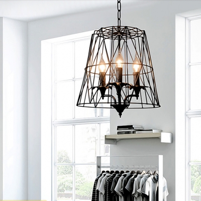 Dining Room Candle Pendant Light with Tapered Cage Metal 3 Heads Colonial Style Black Chandelier