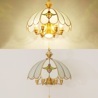 Dome Dining Room Hanging Light with Pull Chain Glass 6 Lights Elegant Style Pendant Lamp in Gold