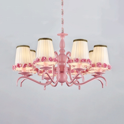Fabric Tapered Shade Chandelier with Flower Decoration 8 Lights Pink Hanging Light for Living Room