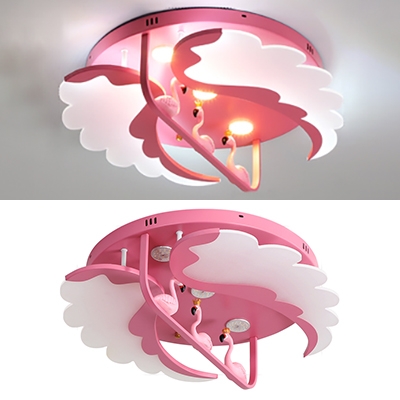 Flamingo Girl Bedroom Flush Mount Light Metal Lovely Pink LED Ceiling Fixture in Warm/White