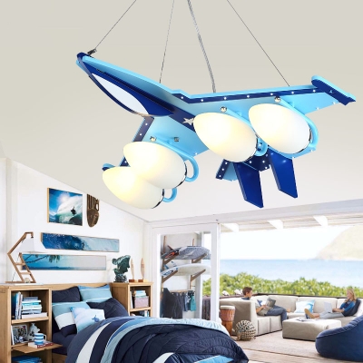 Four Heads Airplane Pendant Lamp Modern Eye-Caring Wood White Lighting Hanging Light in Blue for Dining Room