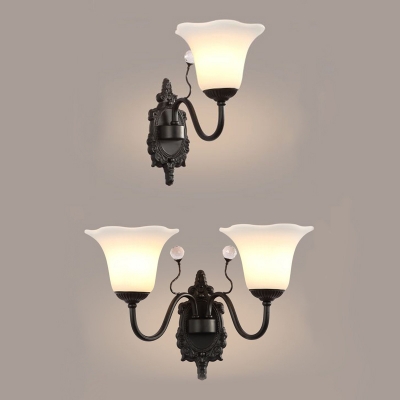 Frosted Glass Flower Shade Wall Light Bedroom 1/2 Lights American Rustic Sconce Lamp in Black