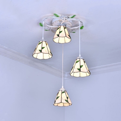 Glass Cone Shade Pendant Light 4 Lights Tiffany Style Modern Hanging Lamp for Dining Table