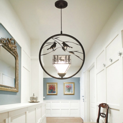 Glass Conical Pendant Light with Bird Deer 1 Light Rustic Style Ceiling Light in Black for Dining Room