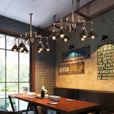 Industrial Cone Shade Chandelier with Pipe & Gear 6 Lights Metal Pendant Light in Brass for Cafe