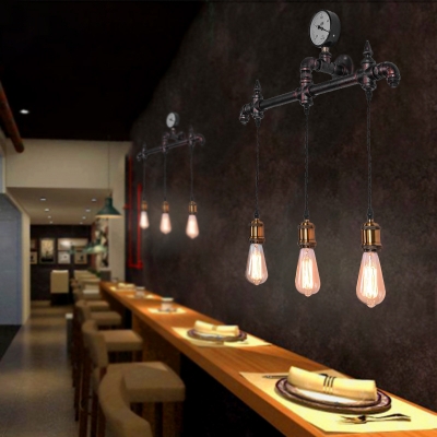 Industrial Stylish Rust Wall Light Open Bulb 3 Lights Metal Hanging Wall Sconce for Restaurant