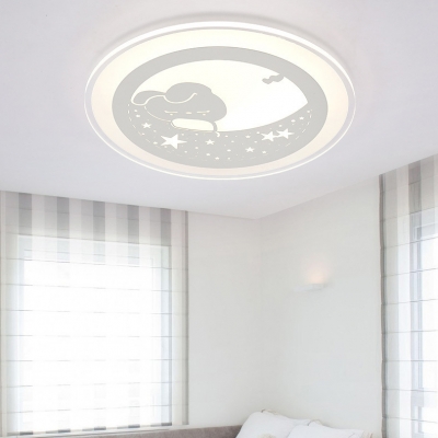 Kids White LED Flush Mount Light Rabbit Moon Metal Ceiling Lamp in Warm/White for Girl Bedroom