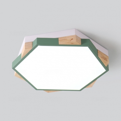 Macaron Hexagon LED Flush Mount Light Acrylic Wood Ceiling Fixture in Warm for Kid Bedroom