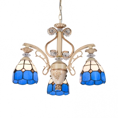 Mediterranean Style Blue Chandelier Cone Shade 3 Lights Glass