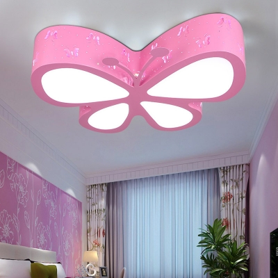 Metal Butterfly LED Ceiling Lamp Child Bedroom Cartoon Flush Mount Light in Green/Pink/White