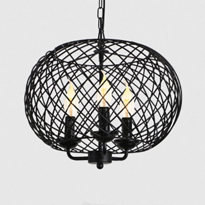 Metal Candle Pendant Light with Globe Cage Restaurant 3 Heads Colonial Style Hanging Lamp in Black