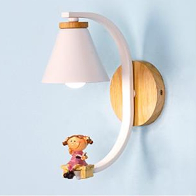 Metal Cone LED Sconce Light with Cartoon Child 1 Light Cute Wall Light in White for Boy Girl Room