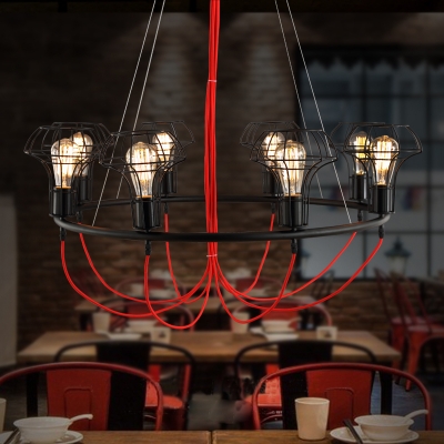Metal Wire Frame Ceiling Pendant 8 Lights Industrial Suspension Light in Black for KTV Bar