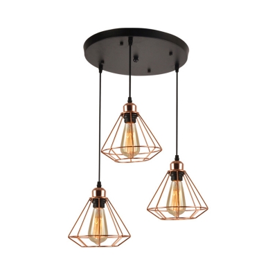 Metal Wire Frame Hanging Lamp Restaurant 3 Lights Antique Style Pendant Light with Linear/Round Canopy