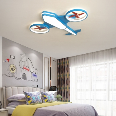 Modern Propeller Airplane Ceiling Lamp Metal Blue/Green Flush Mount Light in Warm/White/Stepless Dimming for Kid Bedroom