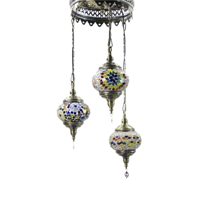 Moroccan Mosaic Oval Pendant Light 3 Lights Glass Hanging Light in Blue&Coffee/Pink for Restaurant