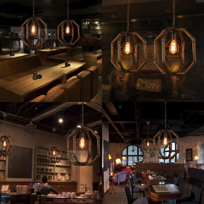 One Light Wire Frame Suspension Light with Pipe Industrial Metal Hanging Light in Aged Brass for Restaurant