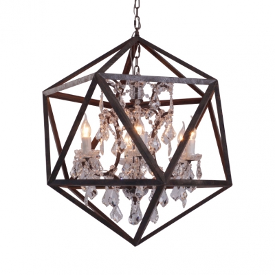 Restaurant Candle Shape Pendant Light with Polyhedron Shade Metal Clear Crystal 6 Lights Chandelier