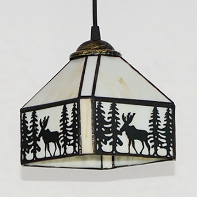 Rustic Lodge Shade Pendant Light with Deer Glass 1 Light Black Suspension Light for Bedroom