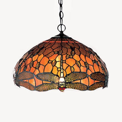 Rustic Style Onion Shade Hanging Lamp with Dragonfly Stained Glass 1 Light Hanging Light for Foyer